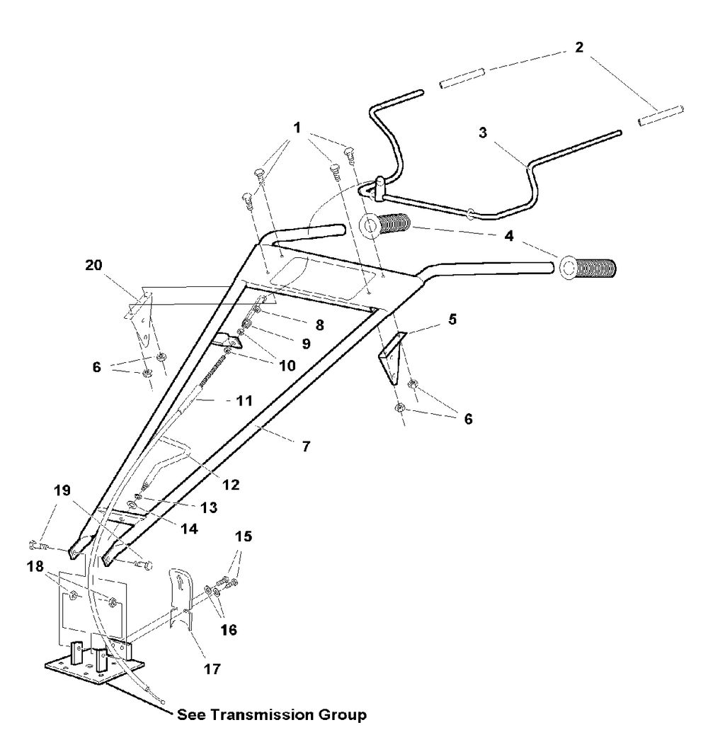 Handle Bar Group Diagram and Parts List for 514RT 1693705 Simplicity Tiller