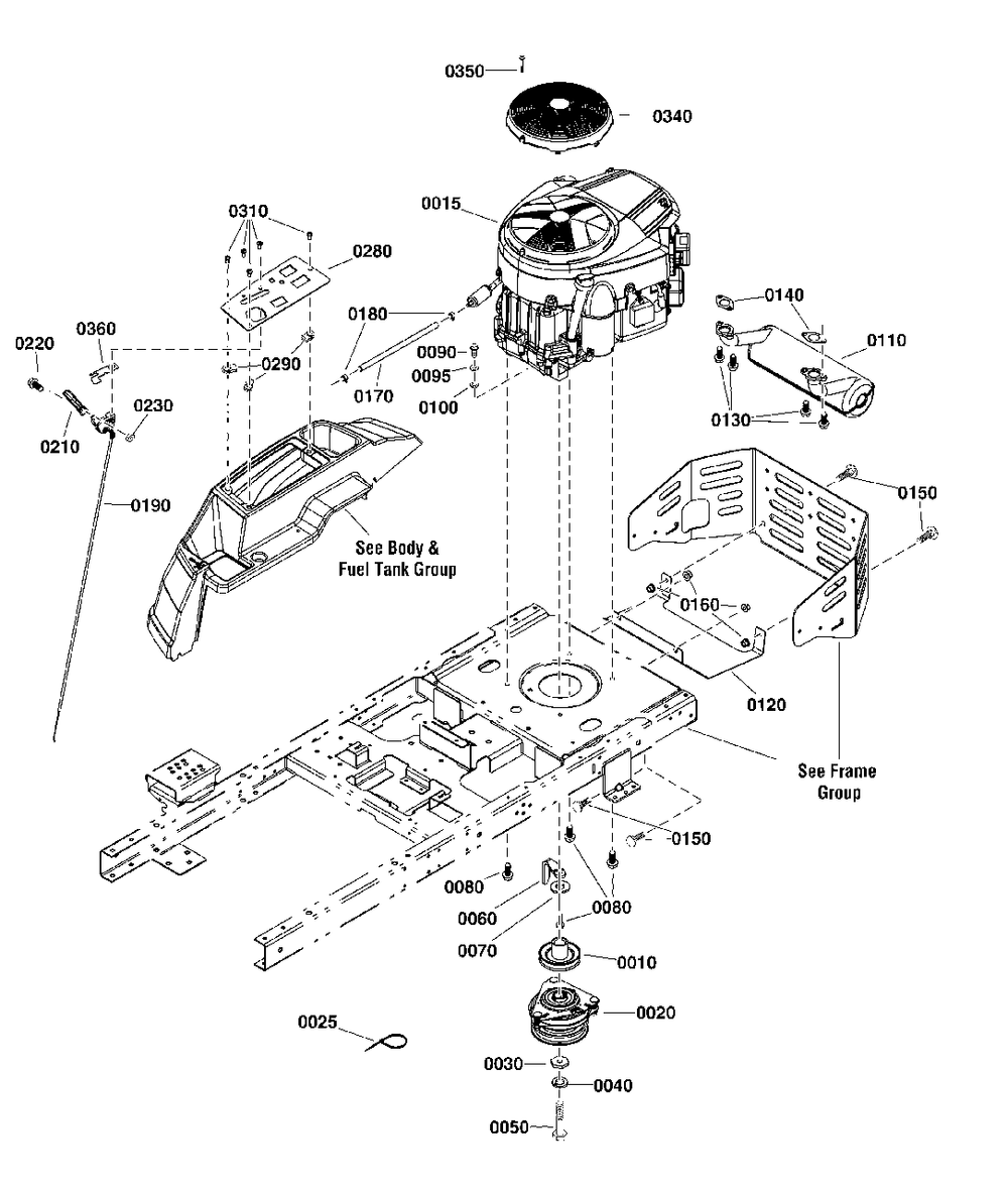 Engine Group Diagram and Parts List for SZT350 2691411-02 Simplicity Lawn Tractor