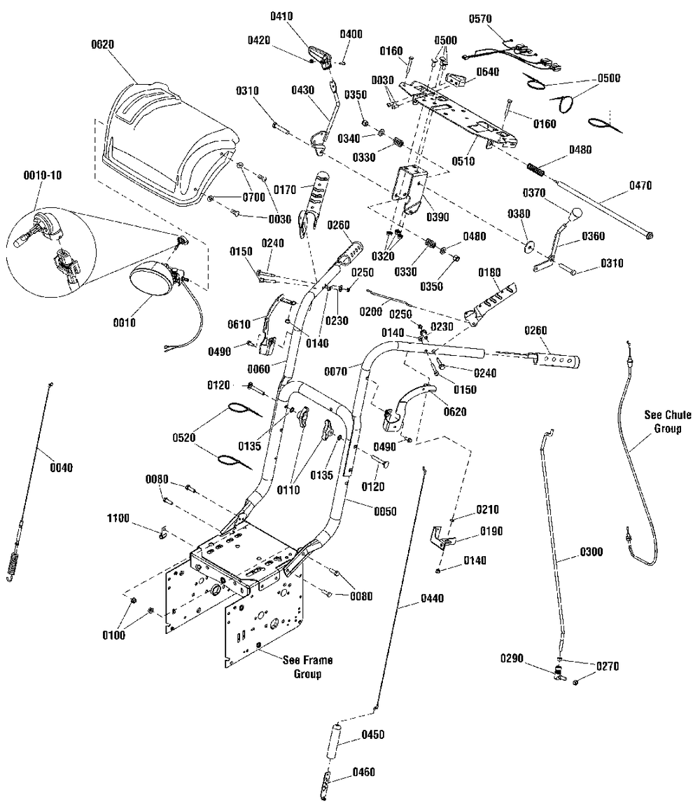 Handles And Controls Group - Remote Diagram and Parts List for M1024E 1696645-00 Simplicity Snow Blower