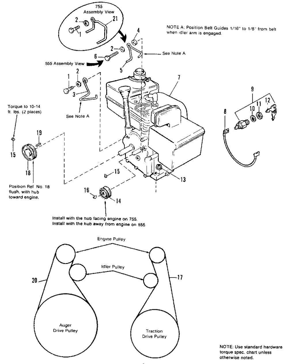 Engine Group Diagram and Parts List for 555M 6137 & Below Simplicity Snow Blower