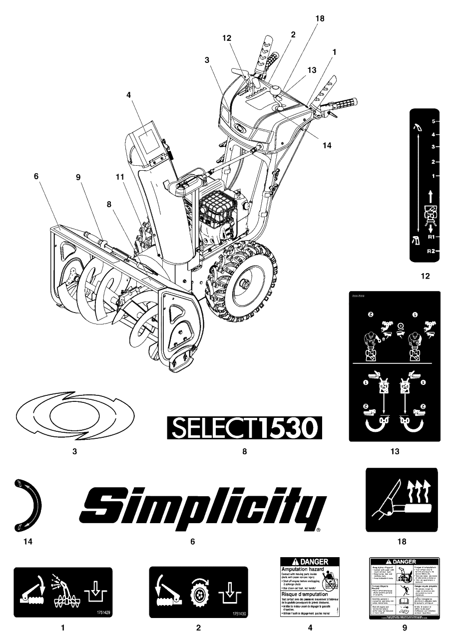 Decals Group Diagram and Parts List for M1530E 1696832-03 Simplicity Snow Blower