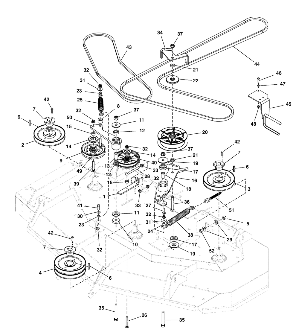 72-Inch Mower Deck Group - Pulleys, Belts And Idler Arms (2 Belt System) Diagram and Parts List for 5901799  Simplicity Lawn Tractor