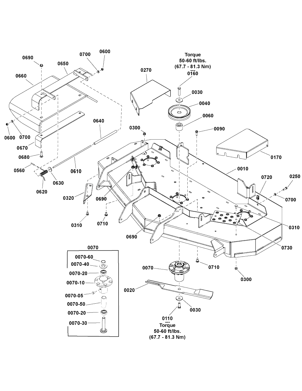 52-Inch Mower Deck - Housing, Arbors And Blade Group Diagram and Parts List for 2691814-00  Simplicity Lawn Tractor