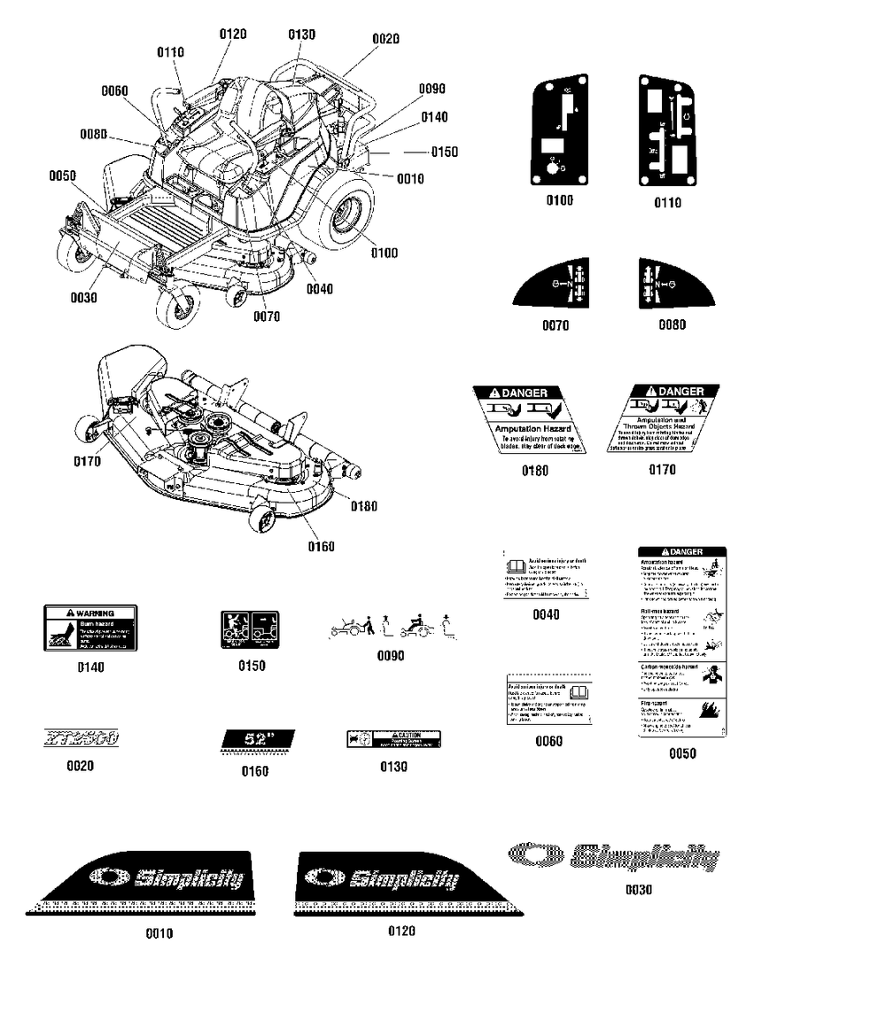 Decals Diagram and Parts List for ZT2752 2691040-01 Simplicity Lawn Tractor