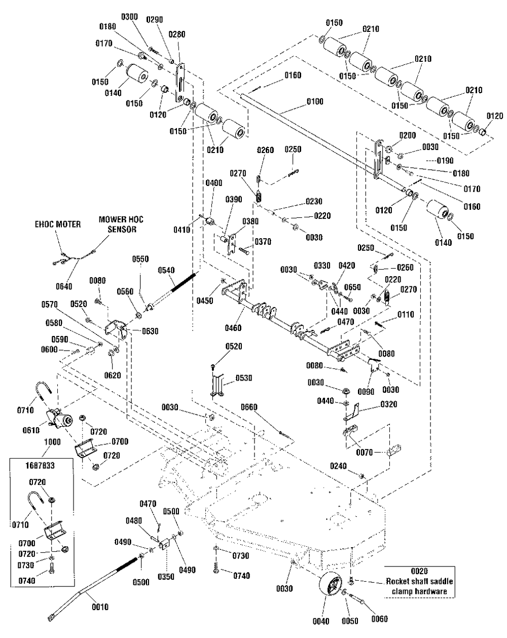 52-Inch (132cm) Mower Deck - Height Adjust And Roller Group Diagram and Parts List for 2691337-02  Simplicity Lawn Tractor