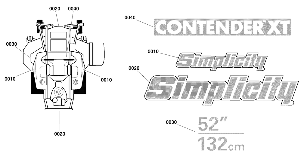 Decal Group - Brand And Model Diagram and Parts List for 5901743  Simplicity Lawn Tractor