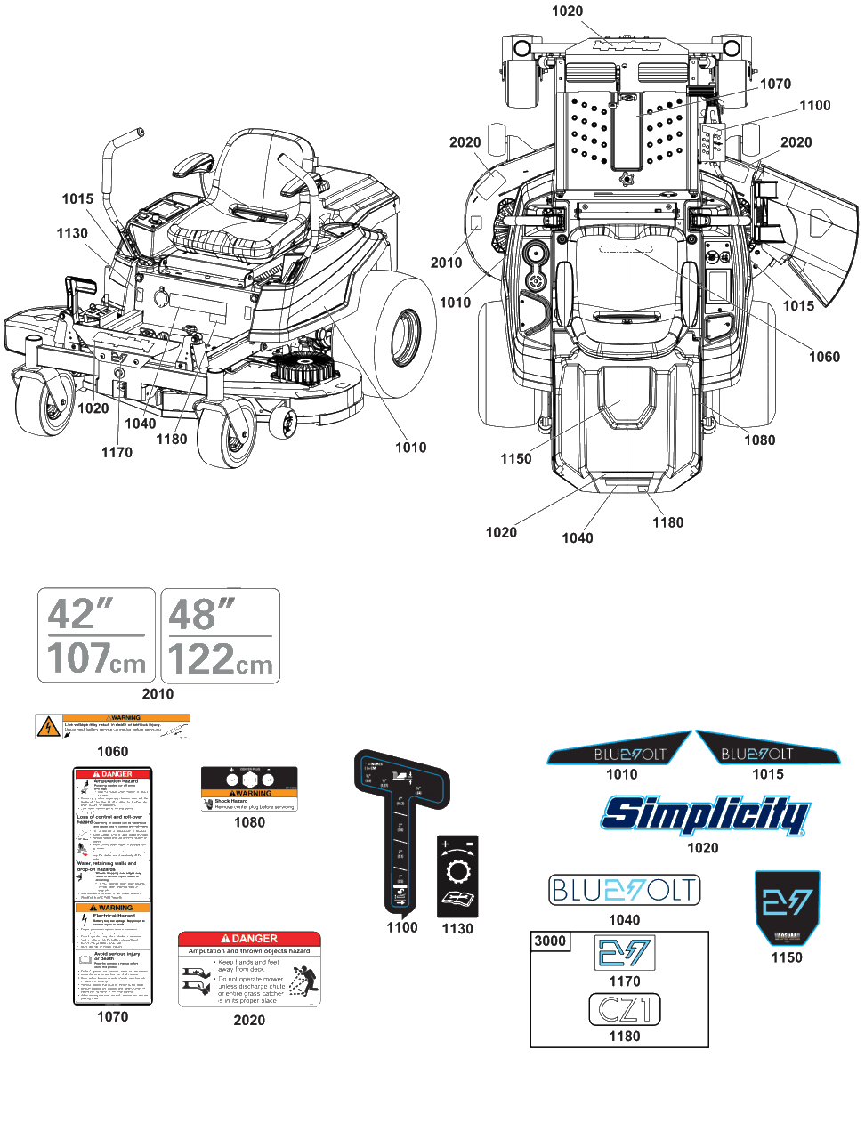 Decals Group Diagram and Parts List for BLUEVOLTCZ1 2691983-00 Simplicity Lawn Tractor
