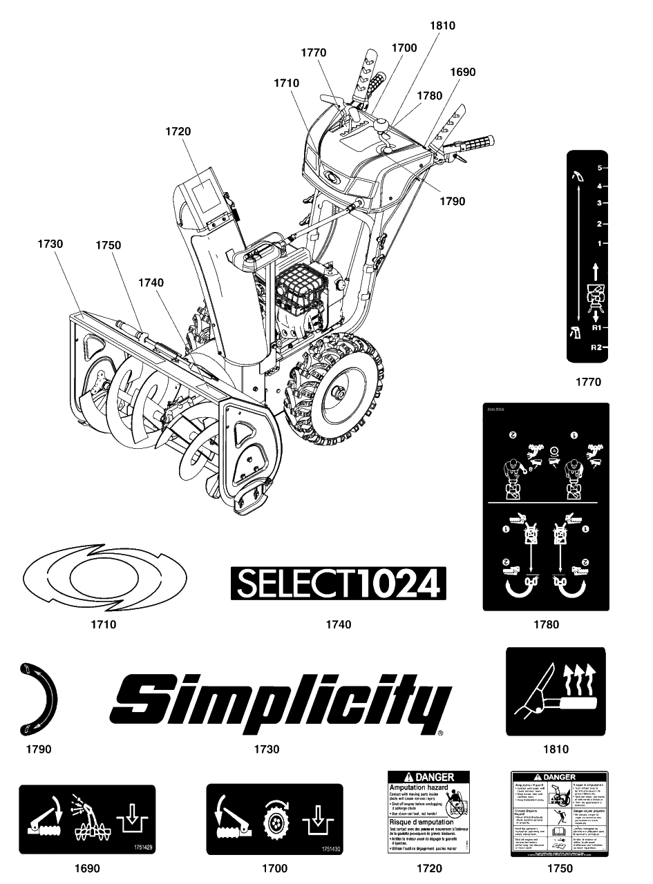 Decals Group Diagram and Parts List for SELECT1024MD 1696811-02 Simplicity Snow Blower