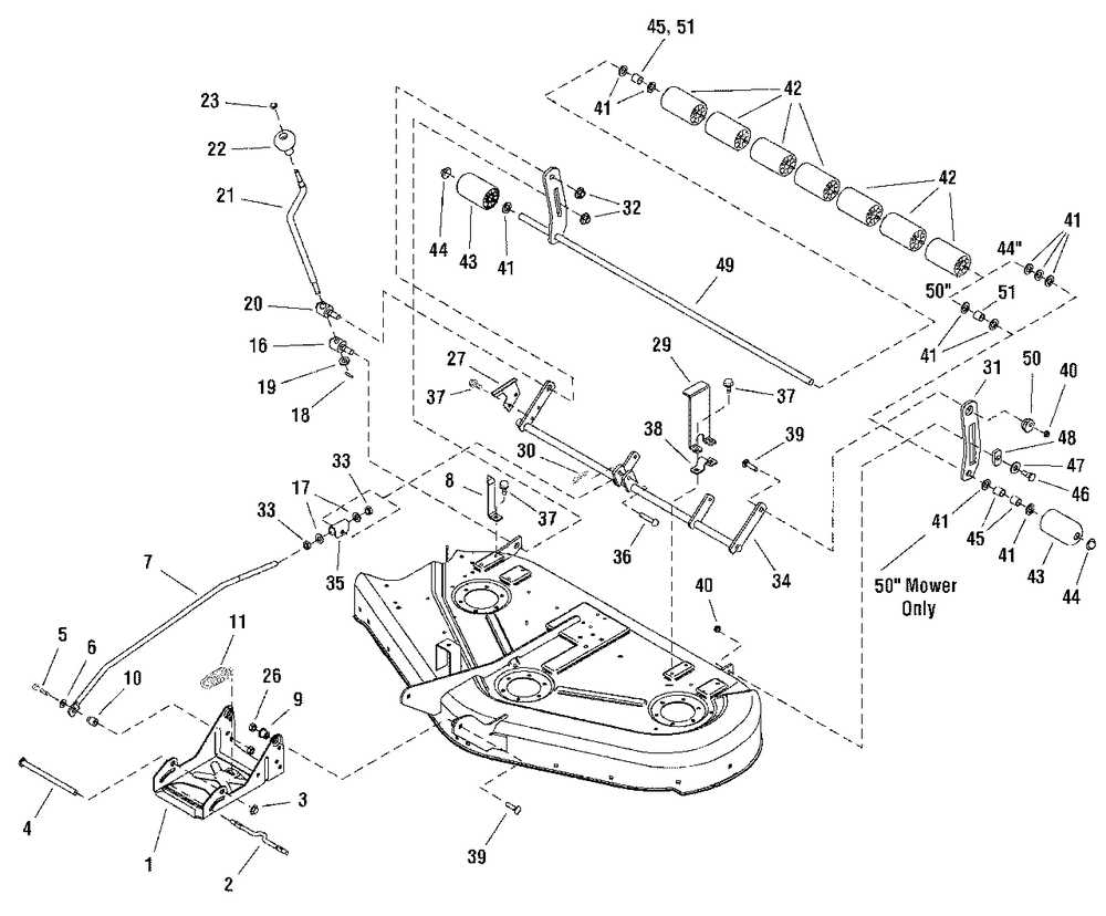 44-Inch And 50-Inch Mower Deck - Height Adjust And Roller Bar Group Diagram and Parts List for 2690940-00  Simplicity Lawn Tractor
