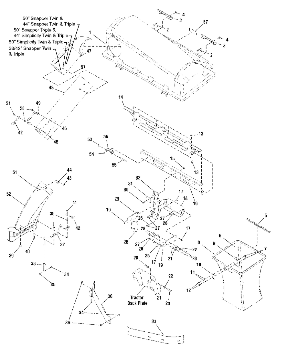 Triple Catcher Assembly 44-Inch And 50-Inch Diagram and Parts List for 1695354  Simplicity Lawn Tractor Accessories