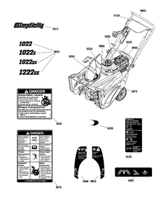 Decals Group Diagram and Parts List for 1022EX 1696726-00 Simplicity Snow Blower