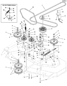 61-Inch Mower Deck Group - Pulleys, Belts And Idler Arms - 2-Belt System Diagram and Parts List for 5901748  Simplicity Lawn Tractor