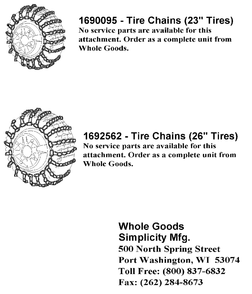 Tire Chains (26-Inch Tires) Diagram and Parts List for 1692562SM  Simplicity Lawn Tractor Accessories