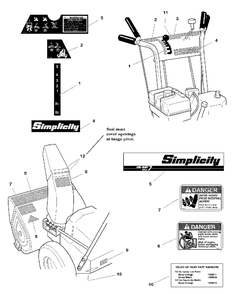 Decals Group Diagram and Parts List for 555M 1693980 Simplicity Snow Blower