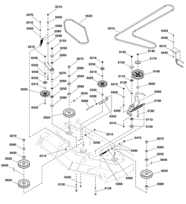 52-Inch Mower Deck Group - Pulleys, Belts, And Idler Arm Diagram and Parts List for 5901779  Simplicity Lawn Tractor
