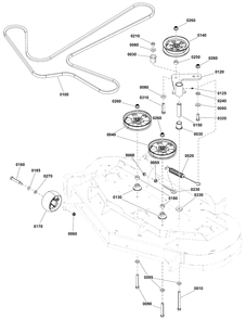 48-Inch Mower Deck - Pulleys, Belt, And Idler Arm Diagram and Parts List for 2691952-01  Simplicity Lawn Tractor
