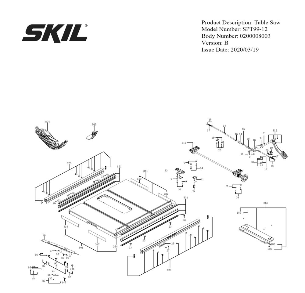 Page A Diagram and Parts List for SPT99-12 B Skil Table Saw