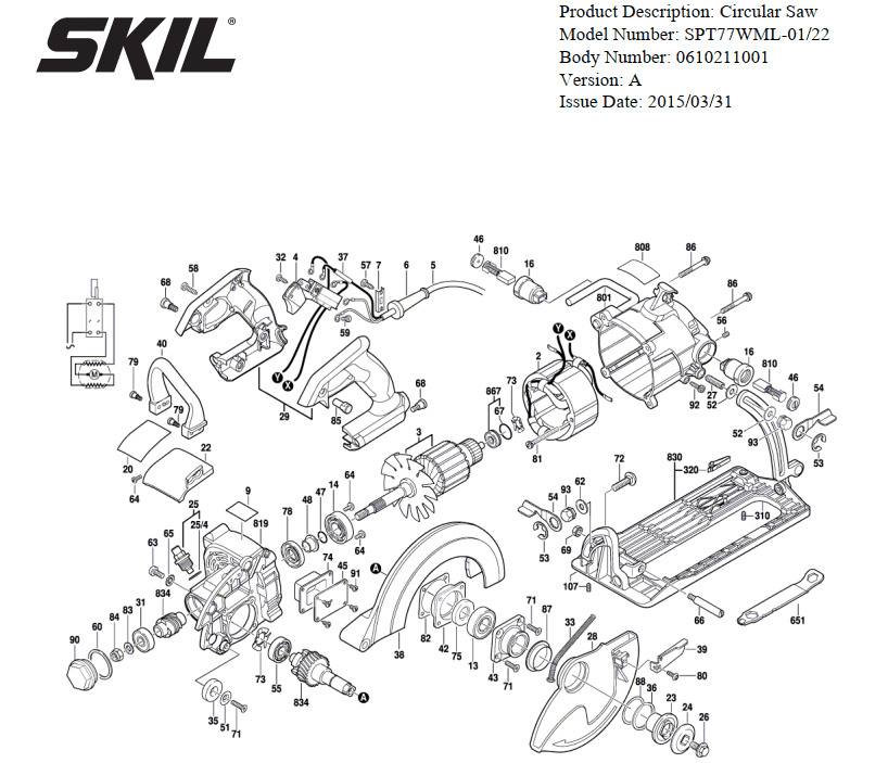 Section 1 Diagram and Parts List for SPT77WML-22 A Skil Circular Saw