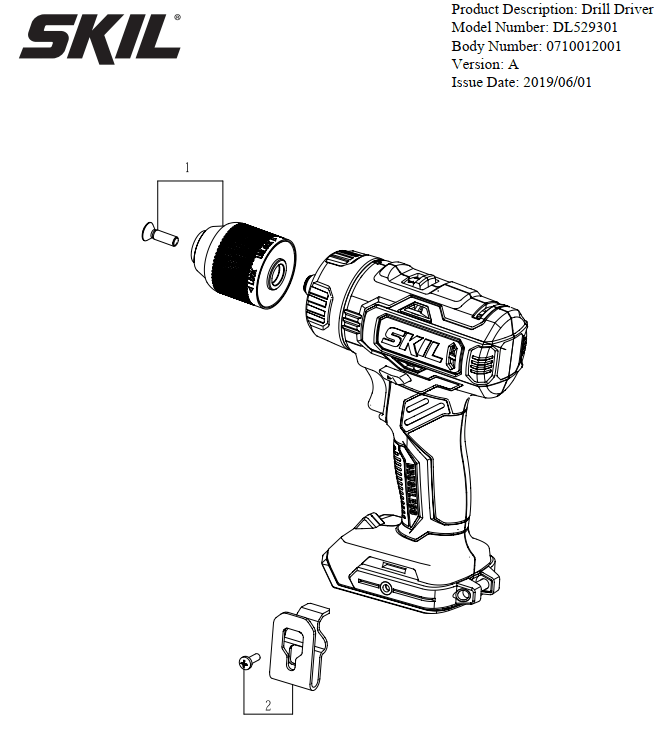 Section 1 Diagram and Parts List for DL529301 A Skil Hammer Drill