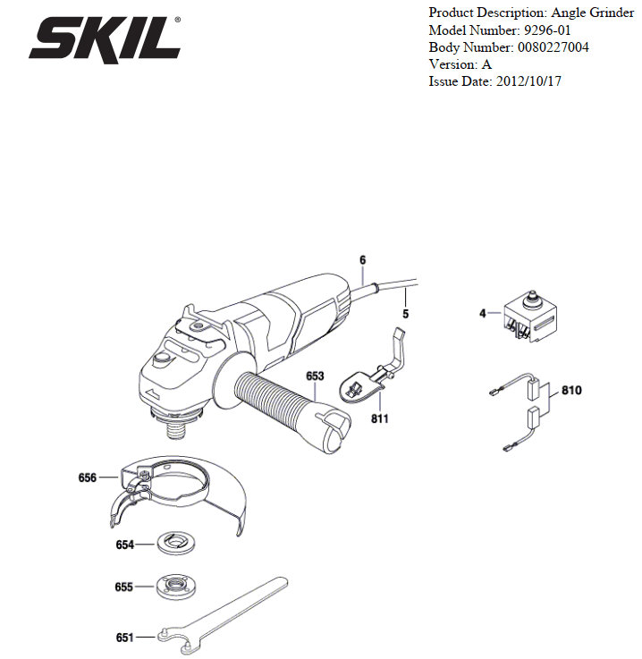 Section 1 Diagram and Parts List for 9296-01 A Skil Angle Grinder