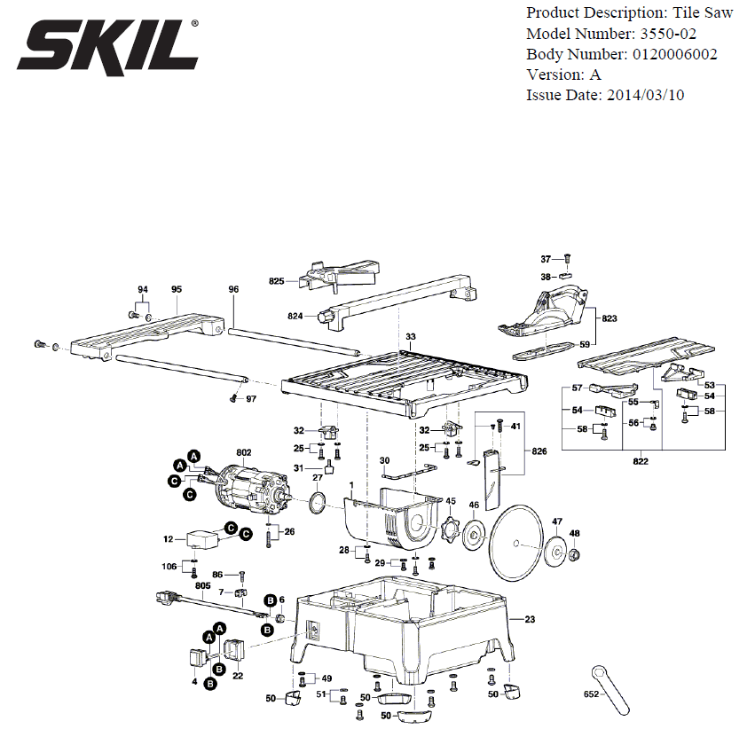 Section 1 Diagram and Parts List for 3550-02 A Skil Table Saw