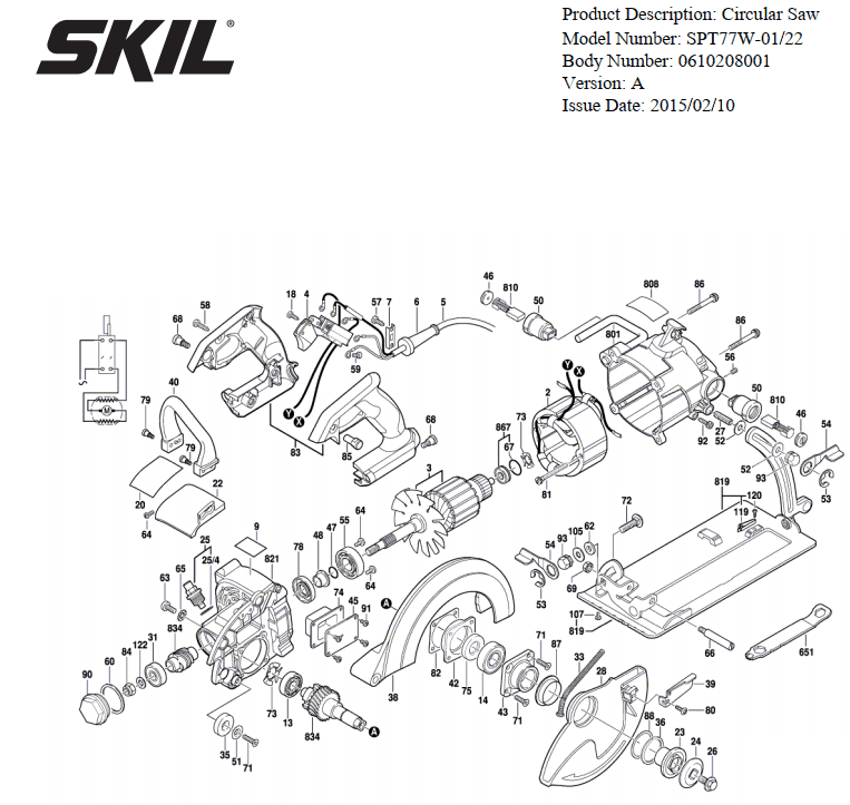 Section 1 Diagram and Parts List for SPT77W-01 A Skil Circular Saw