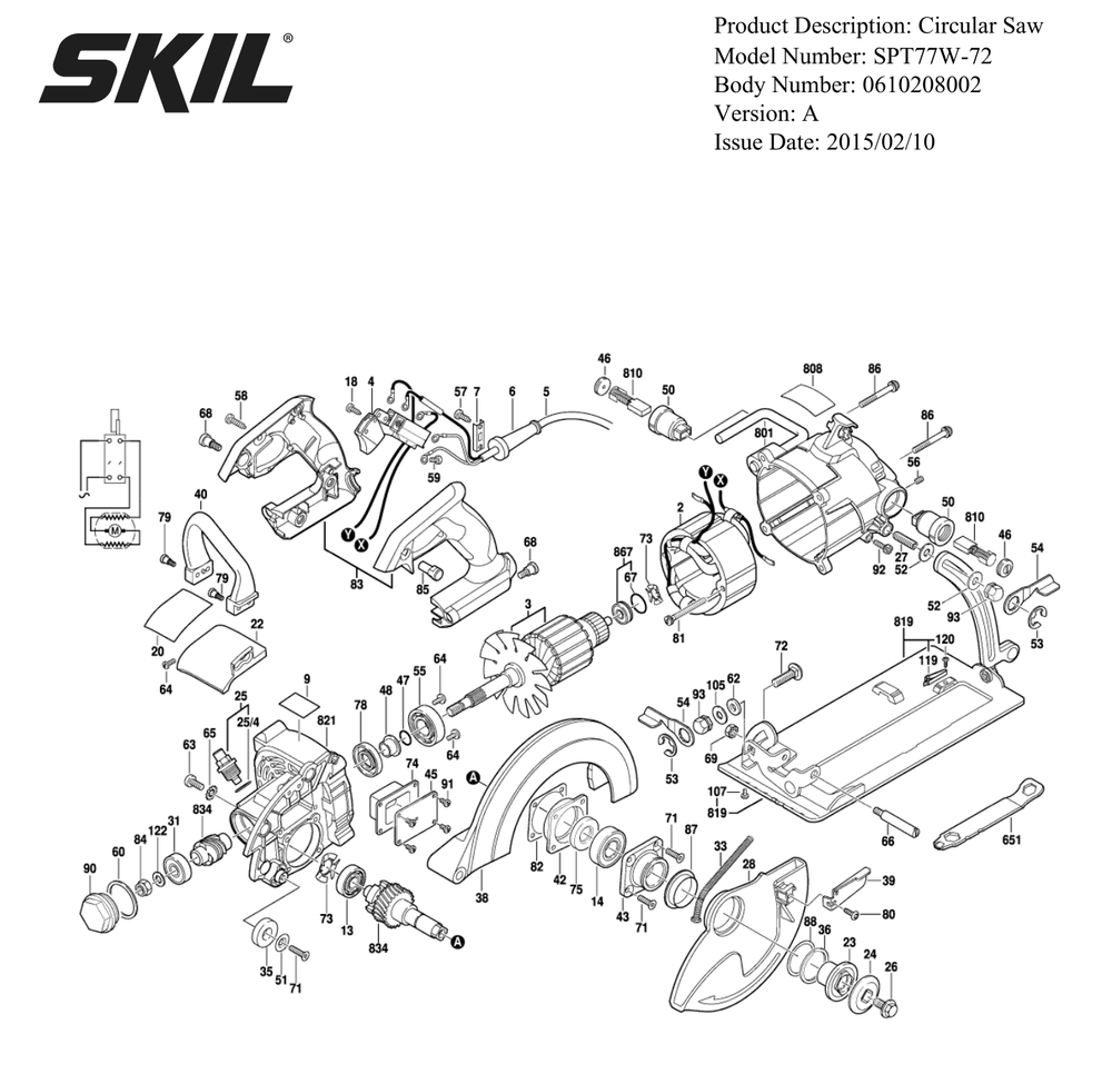 Section 1 Diagram and Parts List for SPT77W-72 A Skil Circular Saw