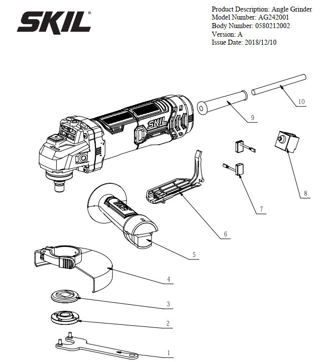 Section 1 Diagram and Parts List for AG242001 A Skil Angle Grinder