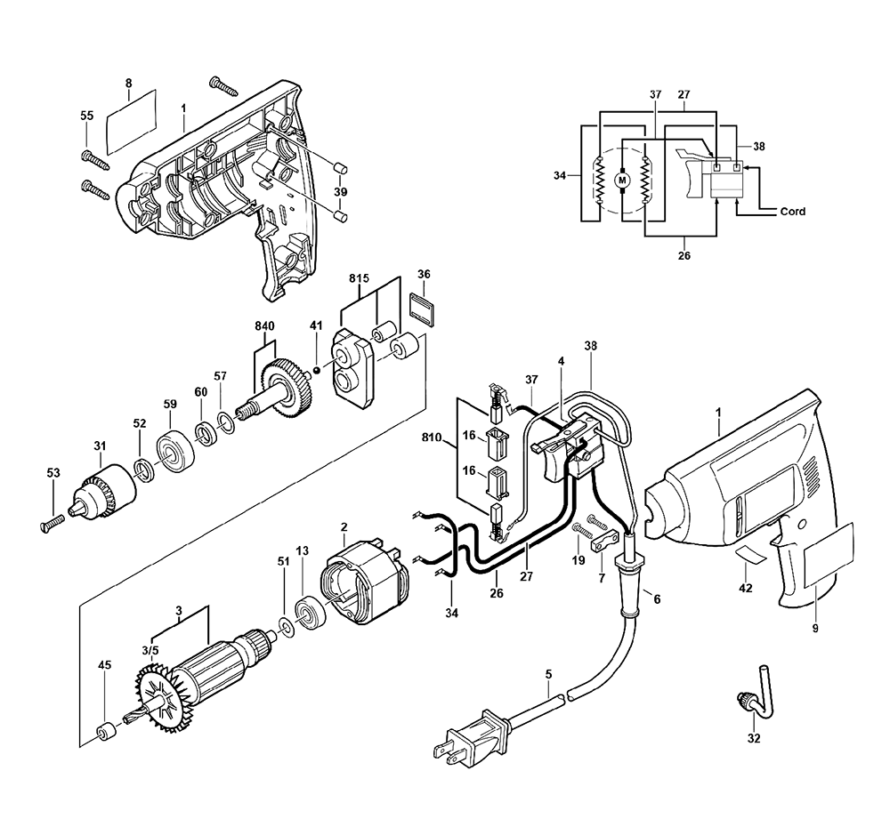Fig-0 Diagram and Parts List for 6510 Type-1 Skil Drill