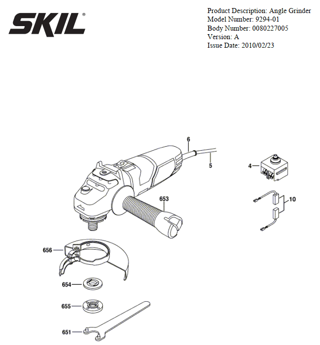 Section 1 Diagram and Parts List for 9294-01 A Skil Angle Grinder
