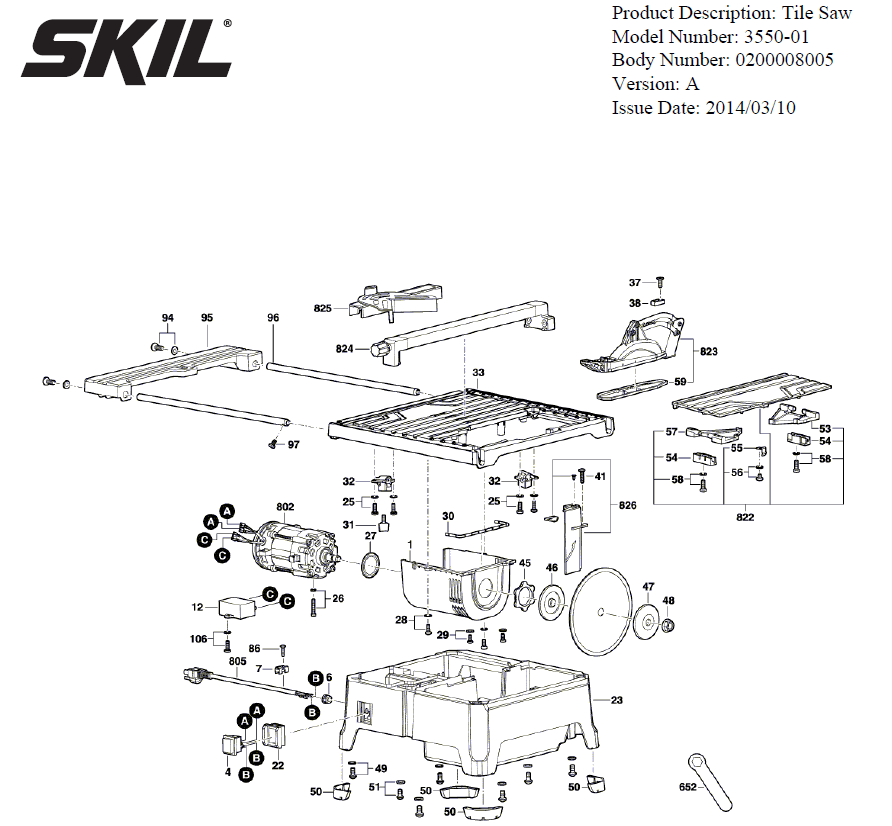 Section 1 Diagram and Parts List for 3550-01 A Skil Table Saw