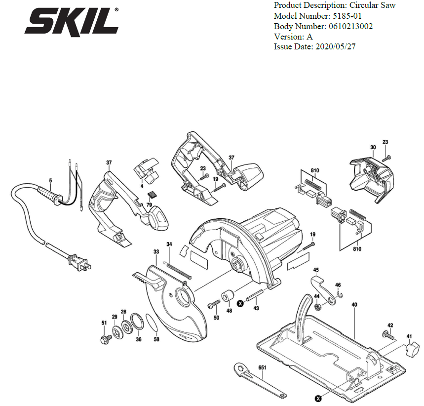 Section 1 Diagram and Parts List for 5185-01 A Skil Circular Saw