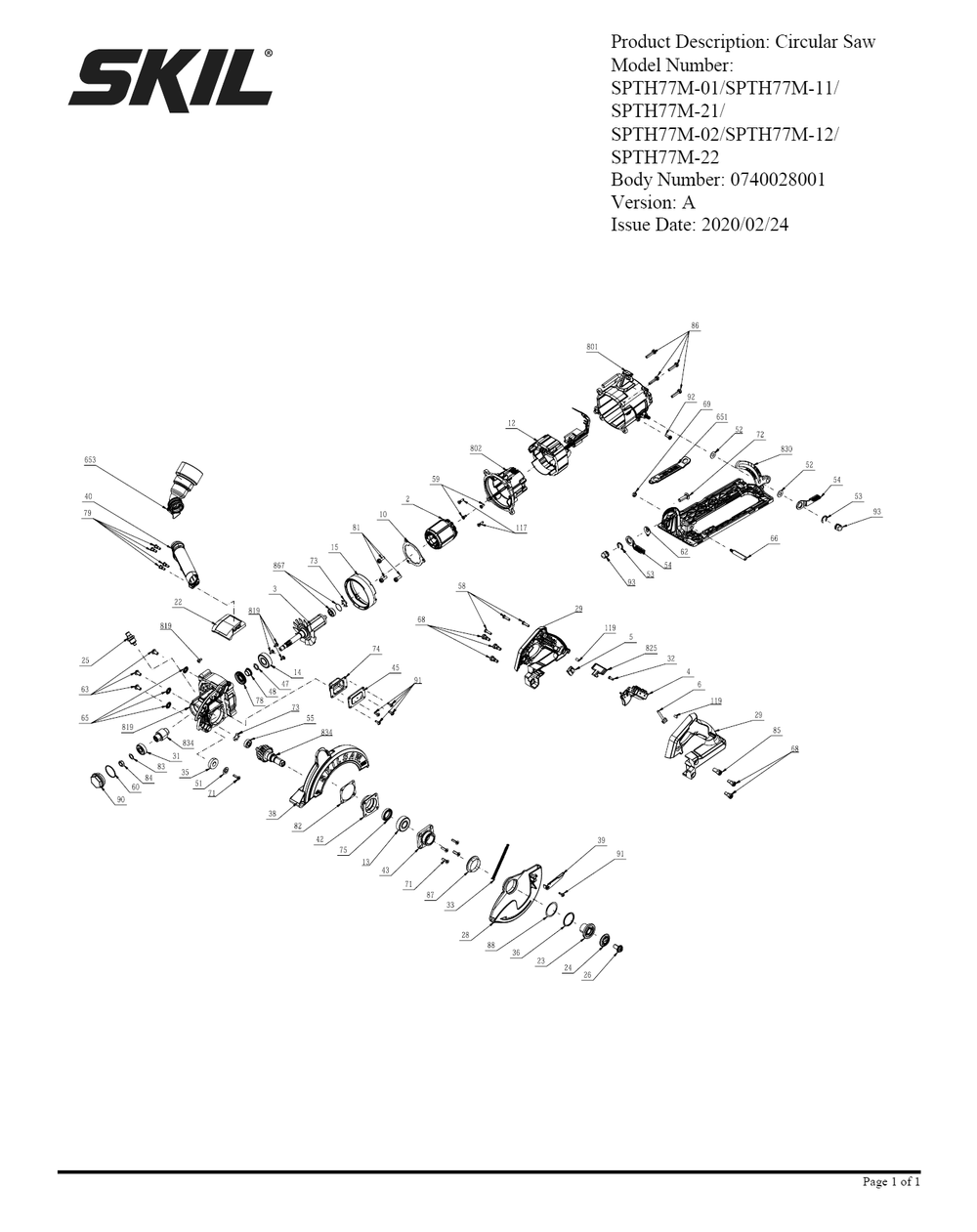 Section 1 Diagram and Parts List for SPTH77M-22 A Skil Circular Saw