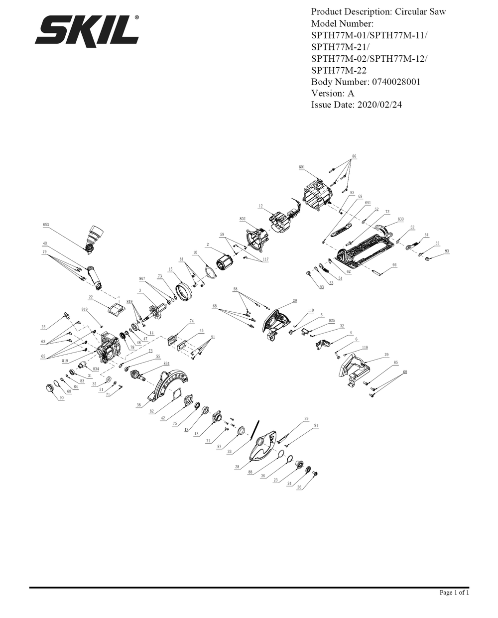Section 1 Diagram and Parts List for SPTH77M-21 A Skil Circular Saw