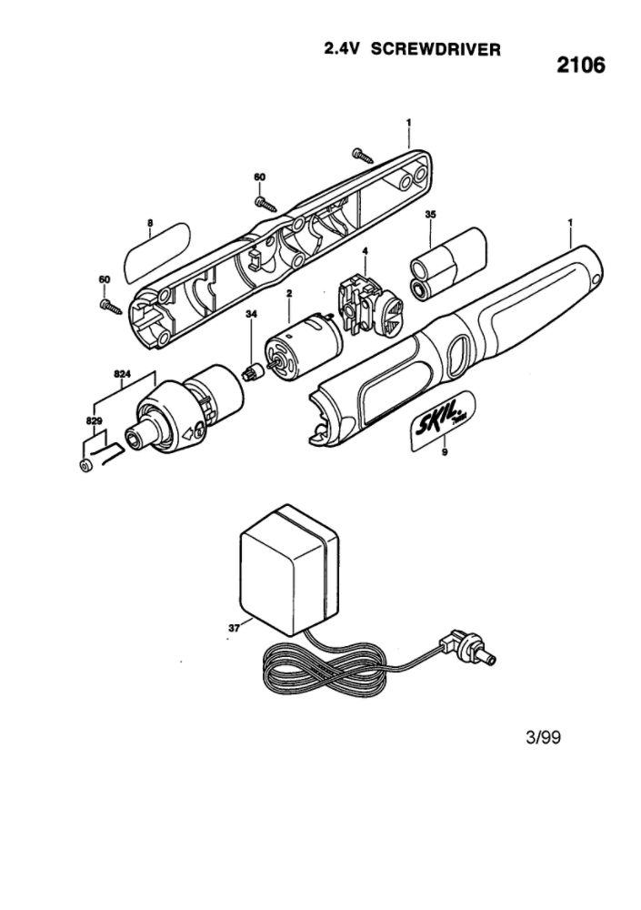2.4v Screwdriver Diagram and Parts List for 2106  Skil Screwdriver