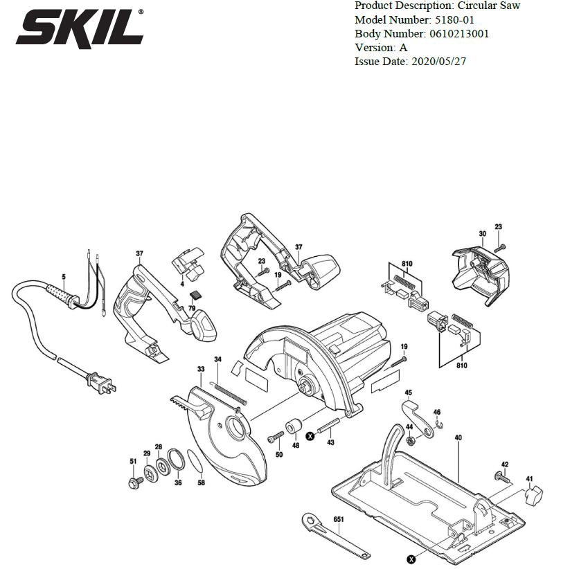 Section 1 Diagram and Parts List for 5180-01 A Skil Circular Saw