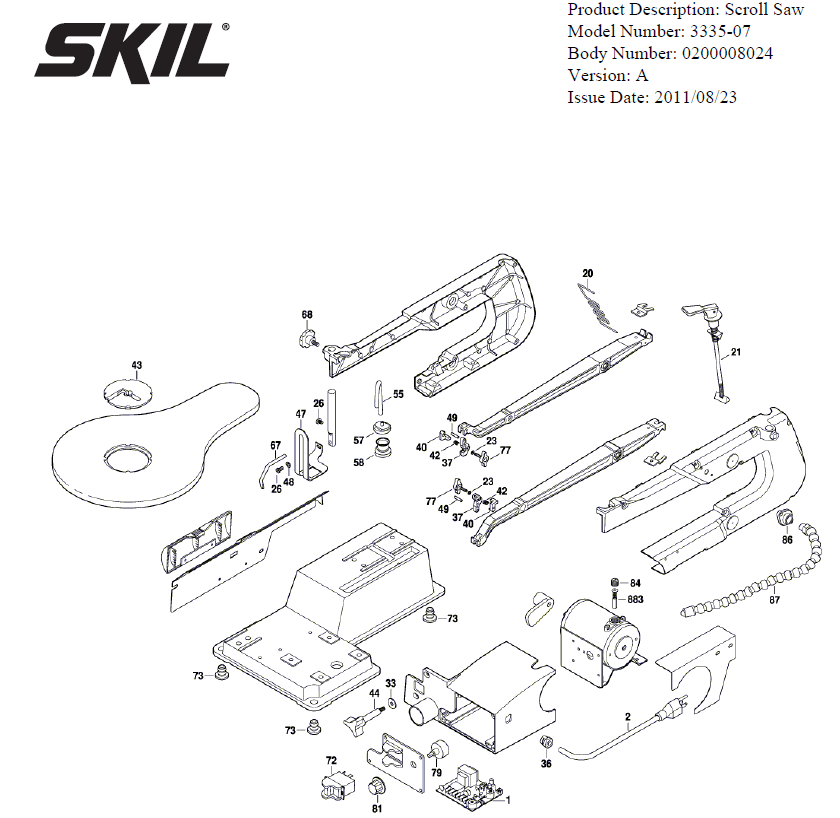 Section 1 Diagram and Parts List for 3335-07 A Skil Table Saw
