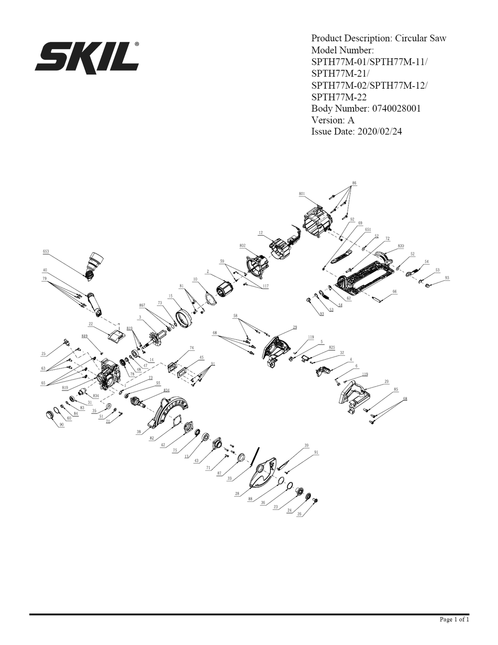 Section 1 Diagram and Parts List for SPTH77M-11 A Skil Circular Saw