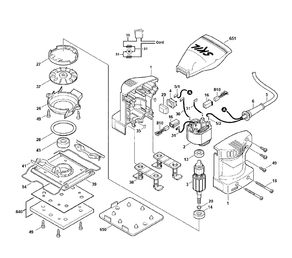 Fig-0 Diagram and Parts List for MMH7000 Type-2 Skil Sander