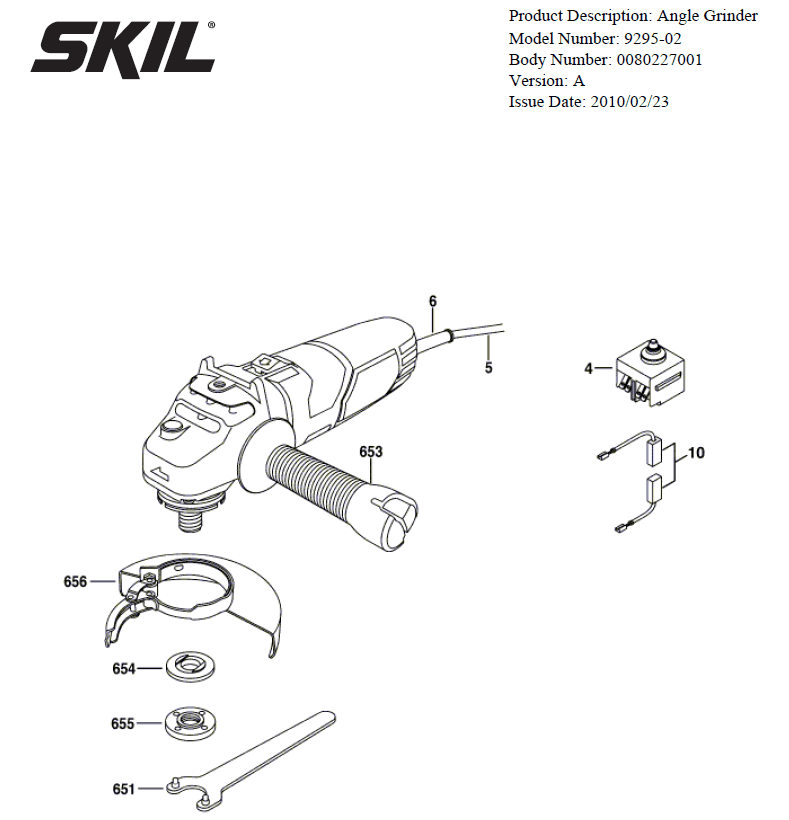 Section 1 Diagram and Parts List for 9295-02 A Skil Angle Grinder