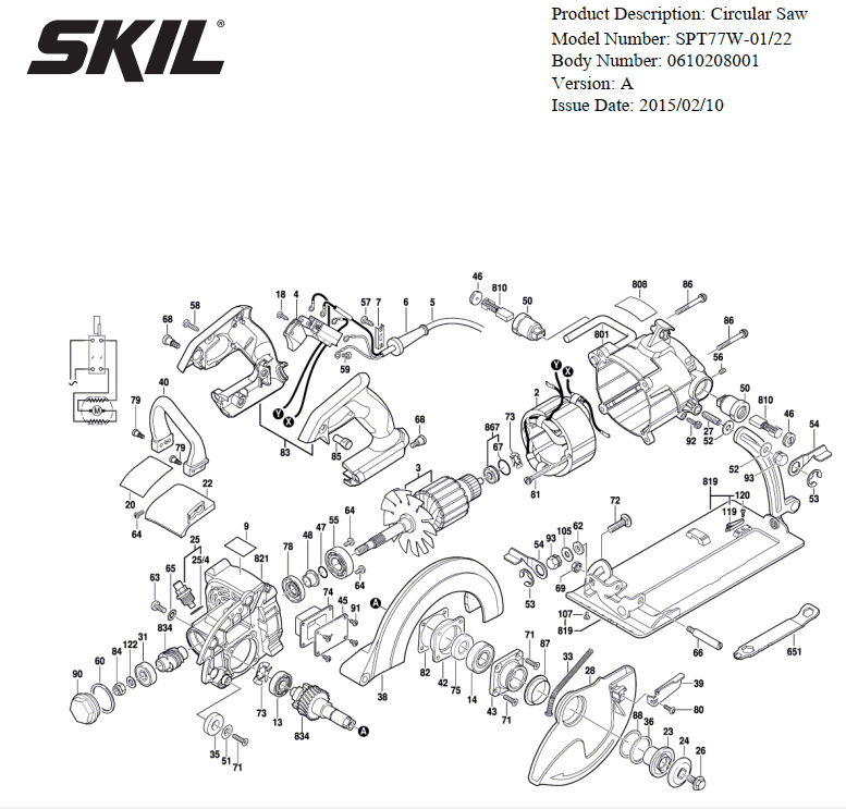 Section 1 Diagram and Parts List for SPT77W-22 A Skil Circular Saw