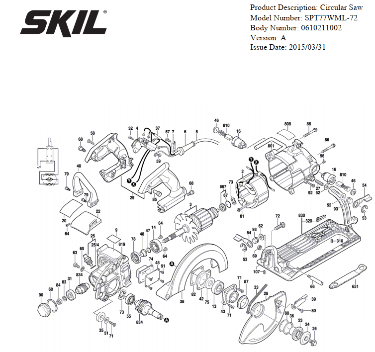 Section 1 Diagram and Parts List for SPT77WML-72 A Skil Circular Saw