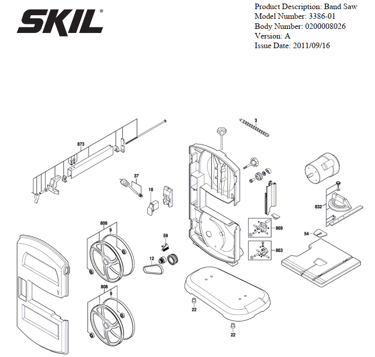 Section 1 Diagram and Parts List for 3386-01 A Skil Table Saw
