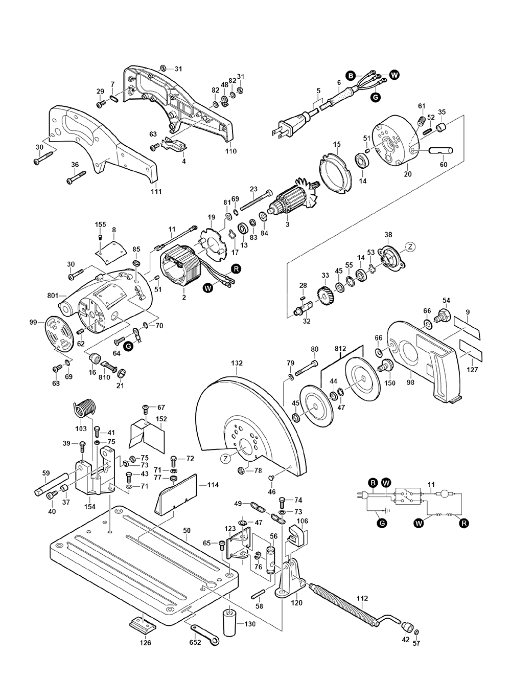Fig-0 Diagram and Parts List for 3824 Type-1 Skil Saw