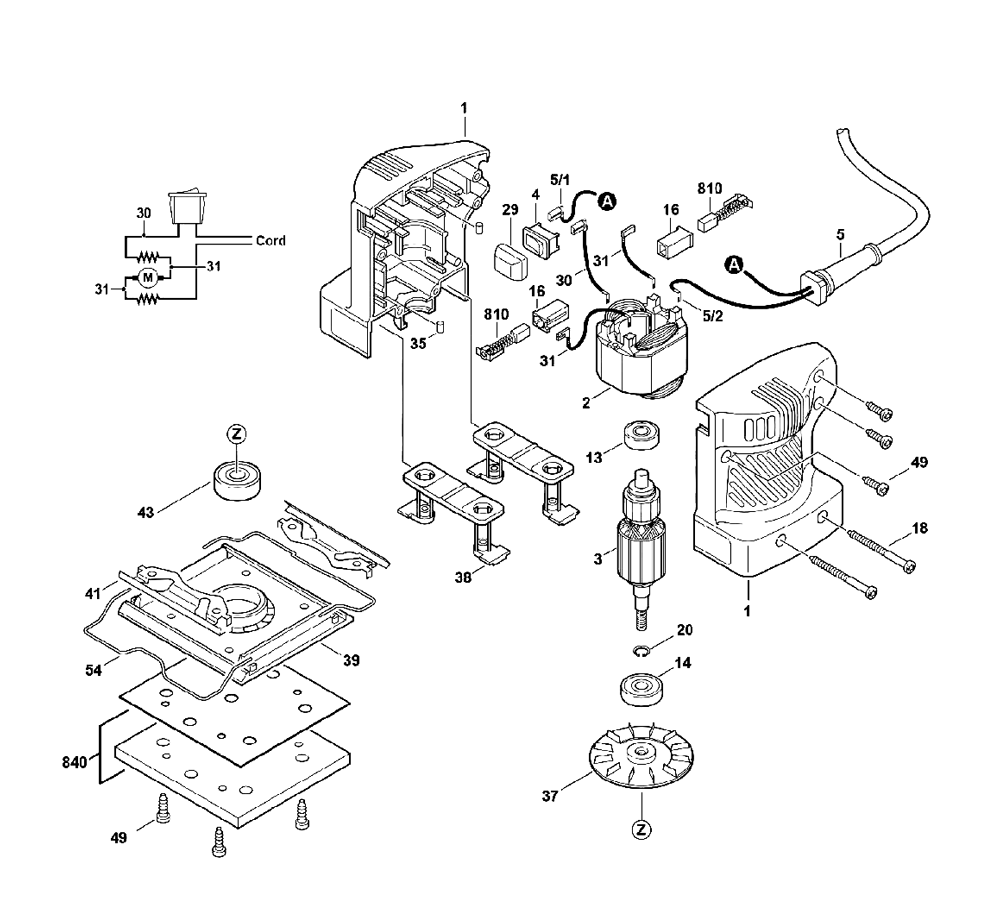 Fig-0 Diagram and Parts List for MM8572 Type-1 Skil Sander