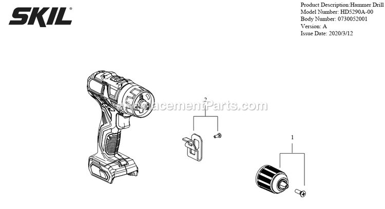 Page A Diagram and Parts List for HD5290A-00 A Skil Cordless Drill