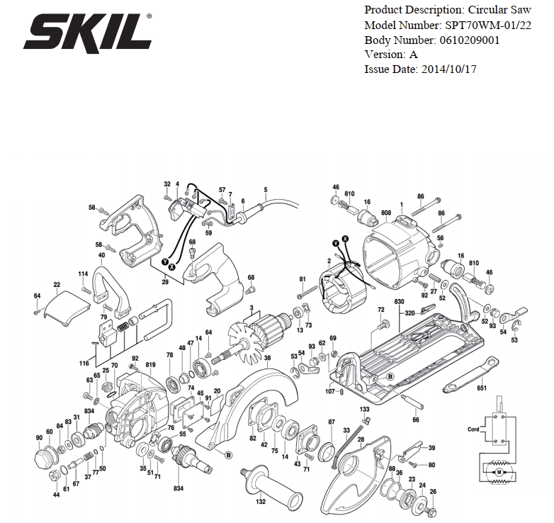 Section 1 Diagram and Parts List for SPT70WM-01 A Skil Circular Saw