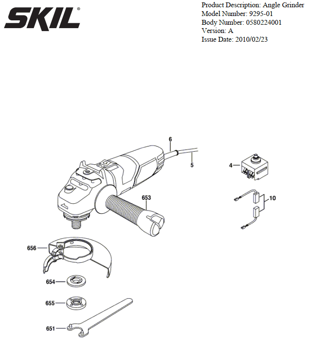 Section 1 Diagram and Parts List for 9295-01 A Skil Angle Grinder