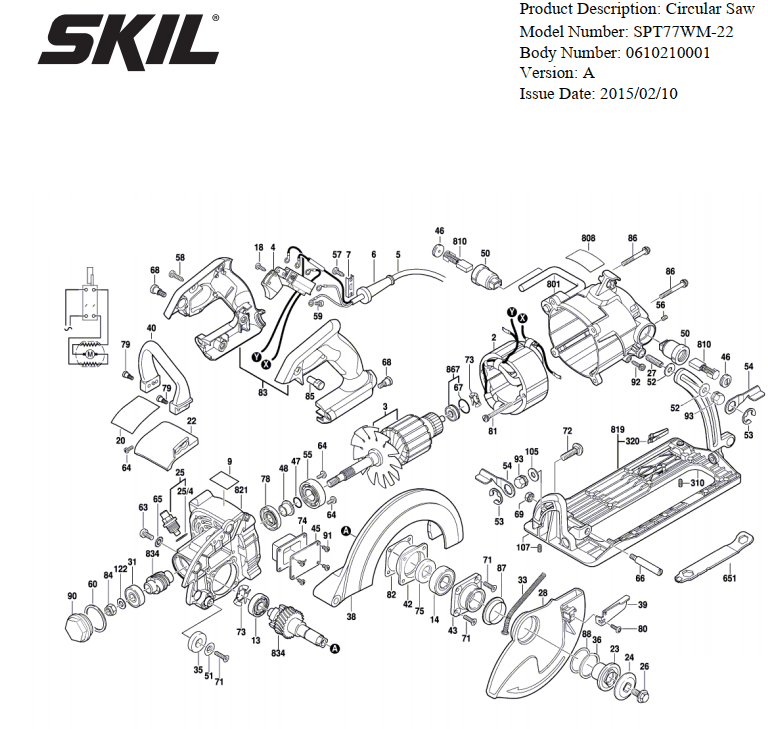 Section 1 Diagram and Parts List for SPT77WM-22 A Skil Circular Saw