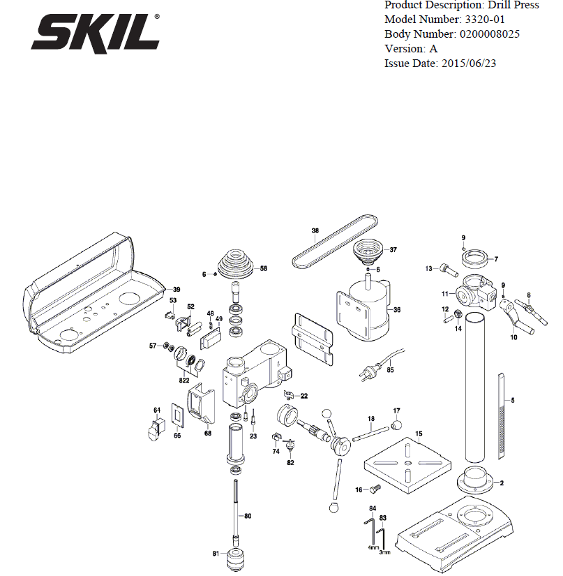 Section 1 Diagram and Parts List for 3320-01 A Skil Table Saw